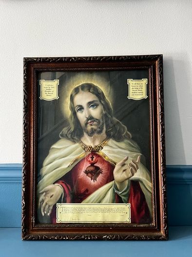 Antique Sacred Heart of Jesus Chromolithograph Framed c.1930s