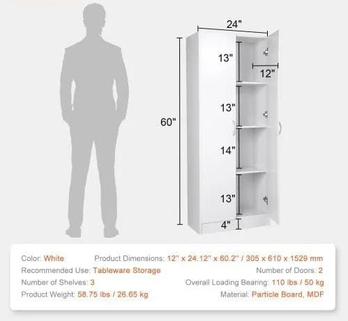 Kitchen Pantry Cabinet, 60" Tall Food Pantry Storage Cabinet, 110LBS Freestanding Storage Cabinet Cupboard with 3 Shelves(2 Adjustable), Engineered Wood Utility Pantry for Kitchen, Dining Room