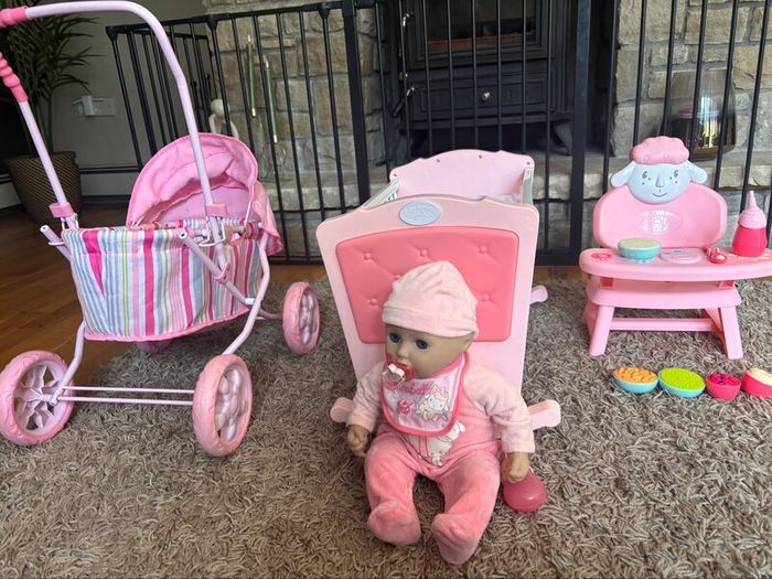 Baby Annabell doll, high chair & rocking crib