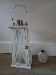 White lantern, 28cm tall, and small grey and white Next vase