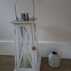 White lantern, 28cm tall, and small grey and white Next vase