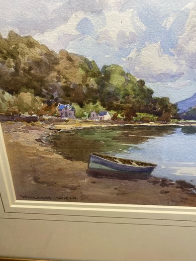 Vintage watercolour Painting Lake & Mountain Scene