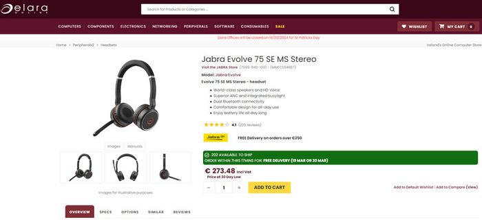 Jabra Evolve 75 SE Wireless Headset with Noise Cancellation