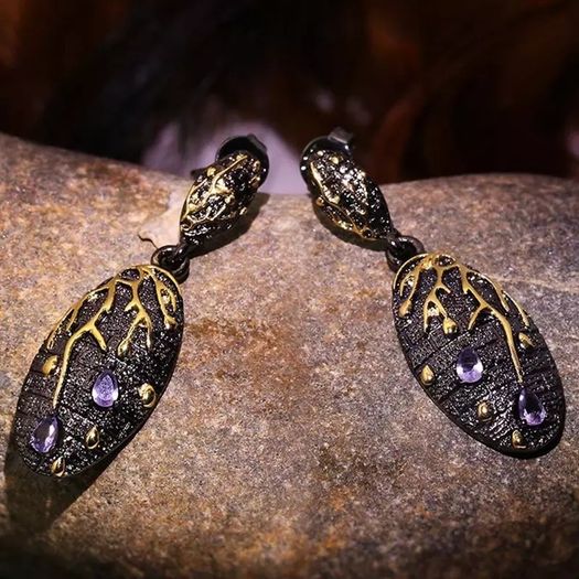 Beautiful Branch Earrings by R'Laith  Purple Zircon Stud Flower Plum Tree Branch Blossom Hoop