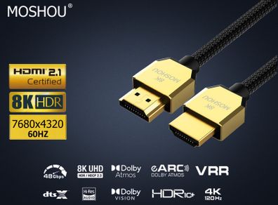 MOSHOU 4M Premium HDMI 2.1 UHD/3D 8K (7680x4320@60Hz) 48Gbps Slim Luxury Model (Nylon Braided/Gold Plated) Cable (Brand New/Warranty)