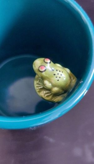 Fabulous Collectable Vintage Hand-Painted 3-D Cat and Frog Mug by Bergschrund, Seattle, USA, from 1991, Display Only Due to Hairline Crack