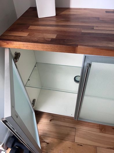 Walnut top sideboard with glass shelves 169 (L) x 47.5cm (W)