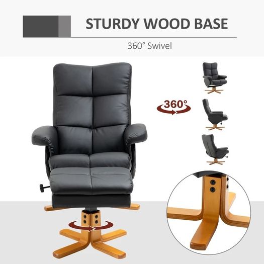 Faux Leather Swivel Recliner Chair with Footstool, Wooden Base and Storage for Living Room (FREE POSTAGE)