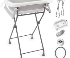 Foldable Baby Bath on Stand with Bath Holder, Bath Pillow and Drain System
