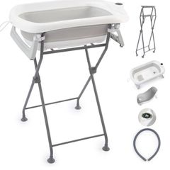 Foldable Baby Bath on Stand with Bath Holder, Bath Pillow and Drain System