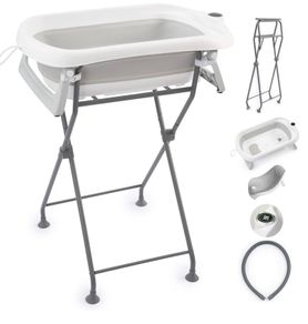 Foldable Baby Bath on Stand with Bath Holder, Bath Pillow and Drain System