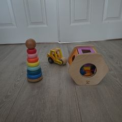 Educational Wooden toys. Hexagonal shape sorter, Tower Ring sorter and Beads