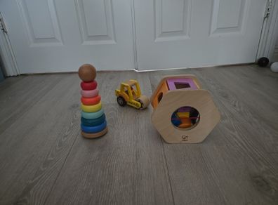 Educational Wooden toys. Hexagonal shape sorter, Tower Ring sorter and Beads