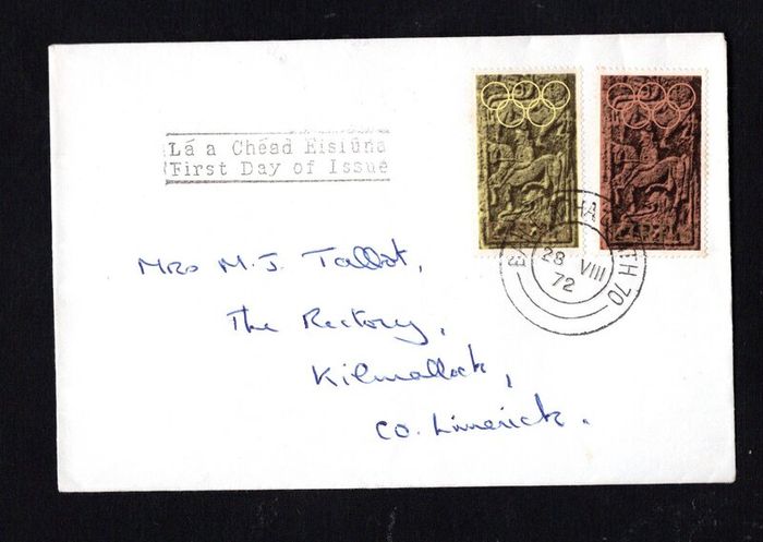 1972 Ireland 50th Anniversary of the Foundation of The Olympic Council of Ireland Commemorative Stamp Plaint First Day Cover (FDC) with Baile Atha Cliath (Dublin Cancel)