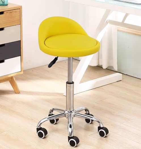 Leather Round Rolling Stool with Back Rest Height Adjustable Swivel Drafting Work SPA Task Chair with Wheels (Yellow)
