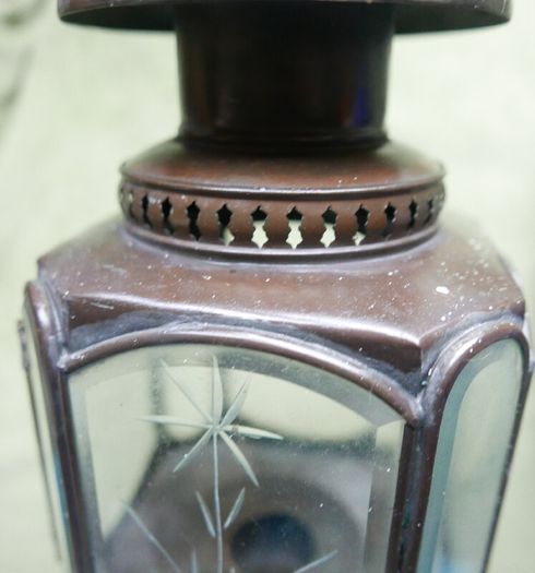 Vintage Pair of Brass Carriage Lamps, by Lime House Lamp Company, pierced canopies, bevelled etched glass chambers, 22" long