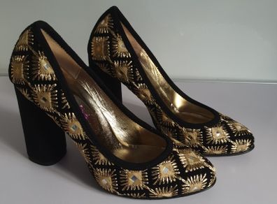 Le Babe Womens Gold Black Embroidered Block Heel Shoes EU36 UK3 BNIB Italy CAN POST
