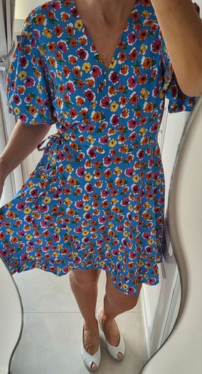 Influence blue cross body dress with puff sleeves Sz 16UK