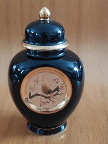 The Art of Chokin Black lidded Vase/Urn/Pot 24 K gold edged