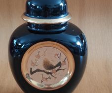 The Art of Chokin Black lidded Vase/Urn/Pot 24 K gold edged