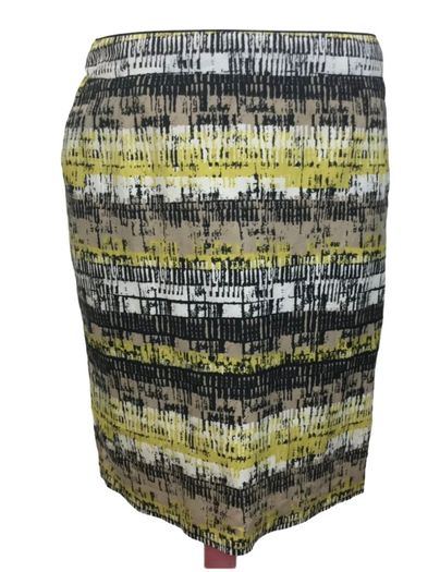 M&S Yellow Multi Geometric Print Linen Blend  Pencil Skirt Pockets Lined  Uk 14