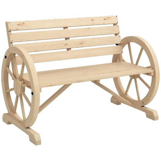 Wagon Wheel Chair Bench Armrest Rustic Loveseat Wood Outdoor Garden, Natural
