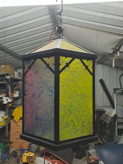 Large old metal and glass lampshades
