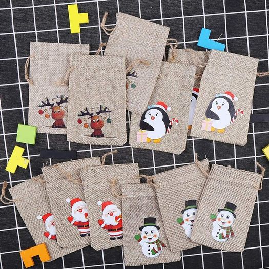 12 Christmas Jute Burlap Gift Bags Pouches with Drawstring Small Candy Bags for Xmas Favors