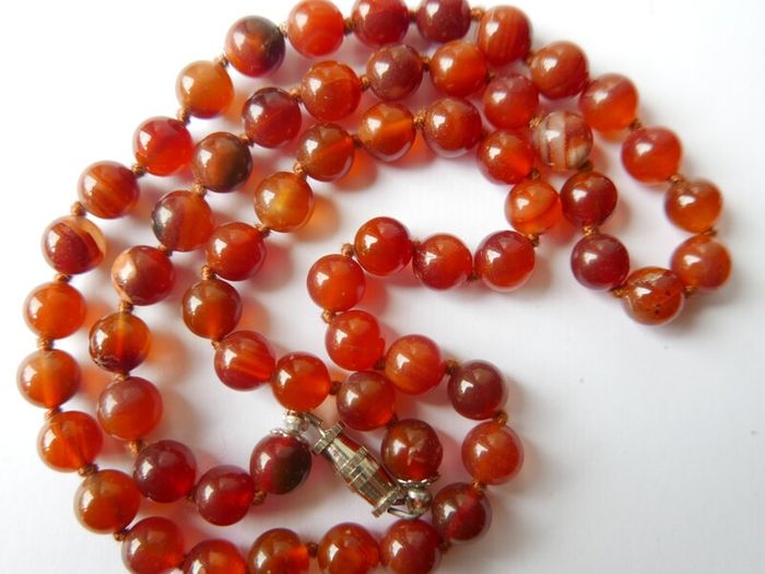 Vintage Natural Red Carnelian Agate Bead Necklace strung on a silk cord length 20"