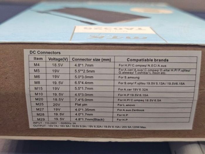 120W (MTK TA0325) Automatic Universal Laptop Charging Adapter, include 11pcs "M"series tips, Input: 110-240V 50Hz/60Hz 3A, Output: 15V-20V/6A 120W Max.