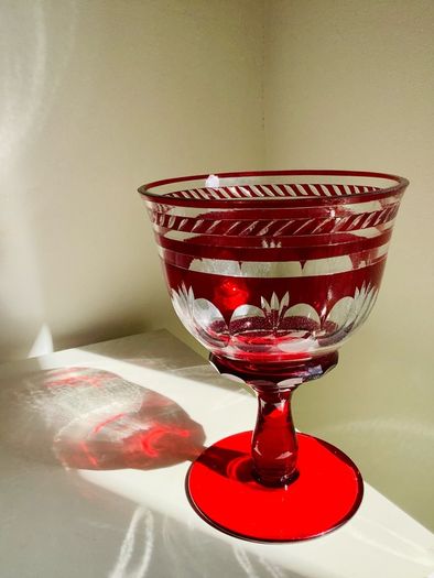 Vintage Bohemian Ruby Flash Cut Crystal Glass Pedestal Bowl