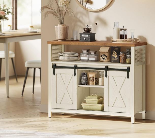 Sideboard, Kitchen Cabinet, Storage Cabinet with 2 Sliding Doors, 33 x 100 x 80 cm, Adjustable Shelves, for Living Room, Cloud White/Honey Brown