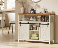 Sideboard, Kitchen Cabinet, Storage Cabinet with 2 Sliding Doors, 33 x 100 x 80 cm, Adjustable Shelves, for Living Room, Cloud White/Honey Brown
