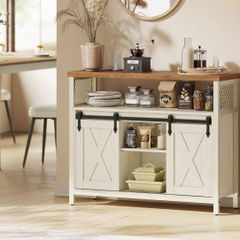 Sideboard, Kitchen Cabinet, Storage Cabinet with 2 Sliding Doors, 33 x 100 x 80 cm, Adjustable Shelves, for Living Room, Cloud White/Honey Brown