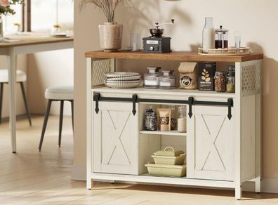 Sideboard, Kitchen Cabinet, Storage Cabinet with 2 Sliding Doors, 33 x 100 x 80 cm, Adjustable Shelves, for Living Room, Cloud White/Honey Brown