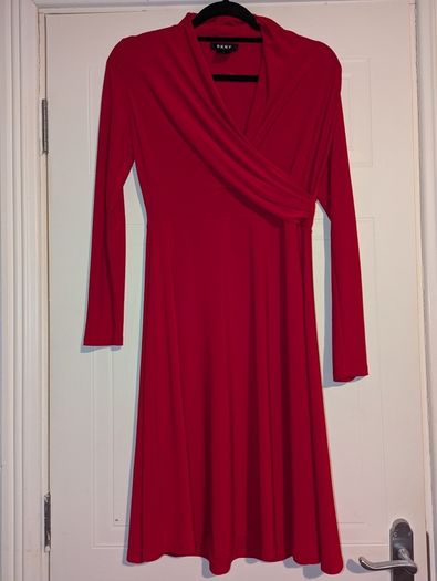 gorgeous long sleeve wrap effect red midi dress from DKNY