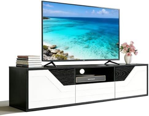 TV Lowboard Standing 120 cm, TV Cabinet with 2 Doors, TV Board for TVs up to 50 Inches, TV Cabinet with Drawer and Open Compartment for Living Room and Bedroom, Black and White