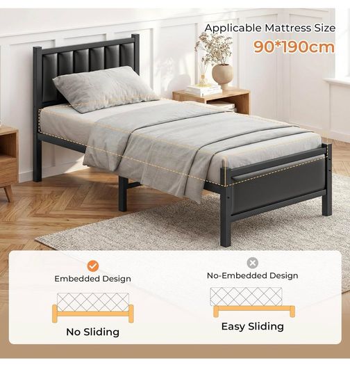 Single Bed Frame with Upholstered Headboard, 3ft