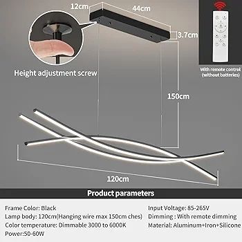120CM Adjustable Pendant Light, Black Modern LED Ceiling Lights Dimmable 10 to 100 Kitchen Island Lighting 3000K/4500K/6000K 3 Color Chandeliers for Dining, Living Room