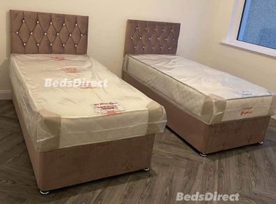 Brand New Stylish single Divan Beds.. Multiple Options Of Headboards. Tufted Memory Foam Mattresses Available. Drawers Storage Available