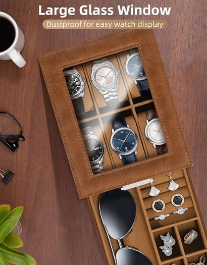 2-Tier Watch Case with Key Lock, Glass Lid, Watch Display Box for Men and Women, Brown Synthetic Leather, Brown Velvet Lining, Removable Pillows, Jewelry Storage Box, Gift Idea