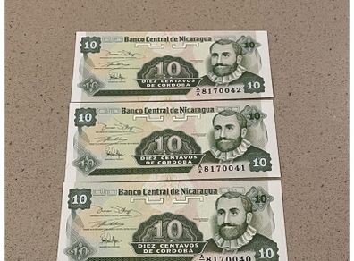Nicaragua 1991 Uncirculated Three Consecutive Centavos Banknotes