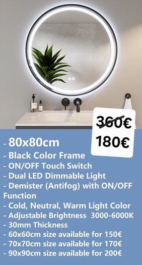 LED Bathroom Mirror 80cm Black Frame
