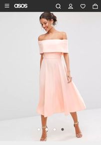 Peach/blush Bardot style off-shoulder midi dress UK8