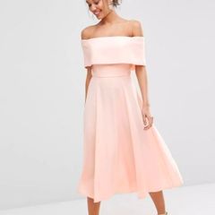 Peach/blush Bardot style off-shoulder midi dress UK8