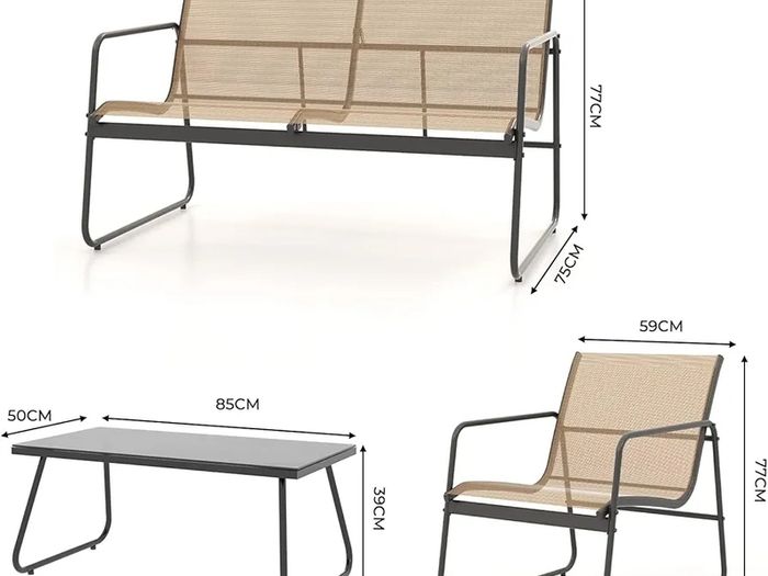 Conversation Sets 4 Pieces, Garden Table and Chairs, mesh sling Material, Waterproof, Breathable, Garden Furniture Sets for Outdoor, Backyard, Poolside (Brown)