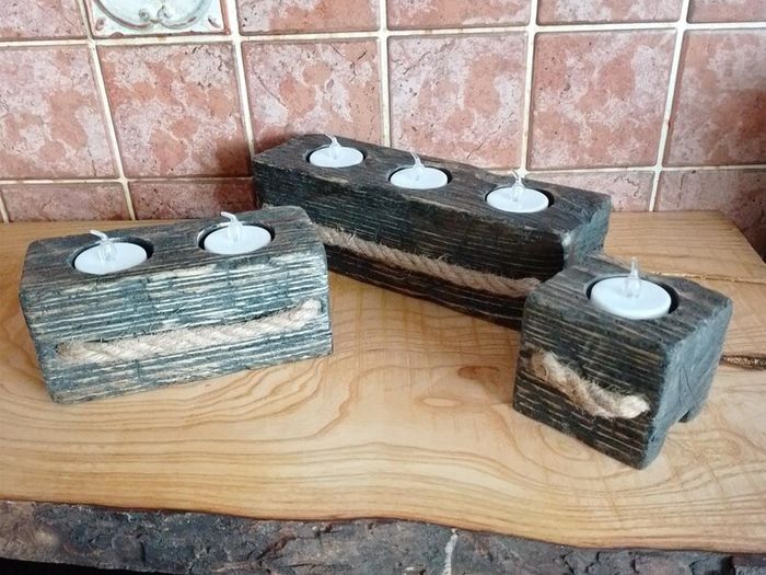 Handmade Reclaimed Wood Tealight Holders, Hard Wax Oil Set (+ 6 LED Lights)