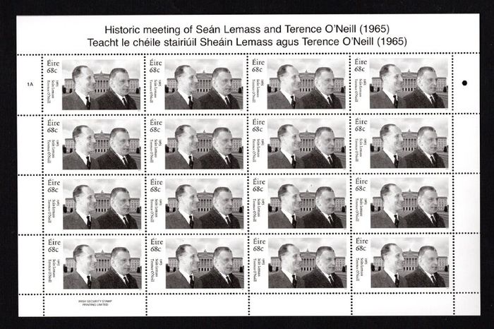 2015 Ireland 50th Anniversary of the Meeting of Sean Lemass and Terence O'Neill Commemorative Stamp Sheetlet Plate 1A Mint Never Hinged (MNH)