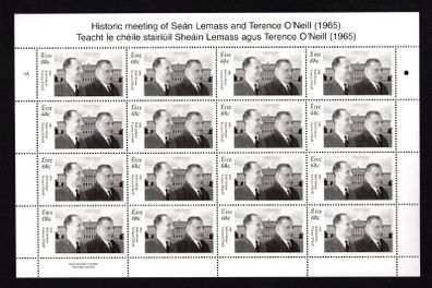 2015 Ireland 50th Anniversary of the Meeting of Sean Lemass and Terence O'Neill Commemorative Stamp Sheetlet Plate 1A Mint Never Hinged (MNH)