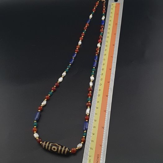 Antique Himalayan Tibetan 3 Eyes Agate Dzi Bead With Mix Lapis,carnelianPearls Necklace